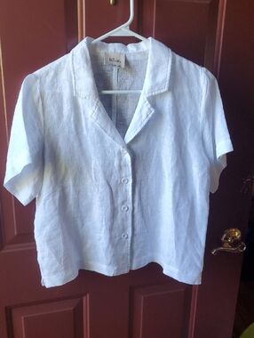 Elie Tahari White Short-Sleeve 100 Percent Linen Camp Shirt Small